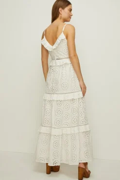 Outlet Oasis Premium Broderie V Neck Ruffle Midi Dress White