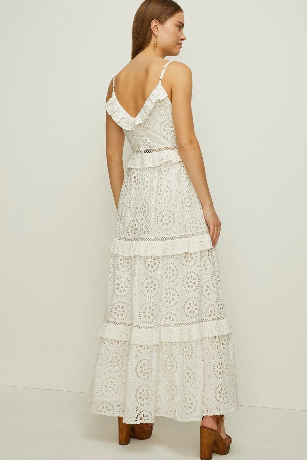 Outlet Oasis Premium Broderie V Neck Ruffle Midi Dress White