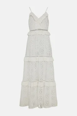 Outlet Oasis Premium Broderie V Neck Ruffle Midi Dress White