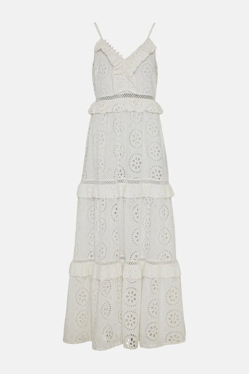 Outlet Oasis Premium Broderie V Neck Ruffle Midi Dress White