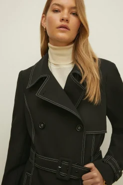 Outlet Oasis Premium Contrast Stitch Trench Coat Black
