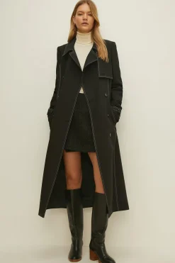 Outlet Oasis Premium Contrast Stitch Trench Coat Black