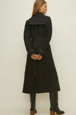 Outlet Oasis Premium Contrast Stitch Trench Coat Black