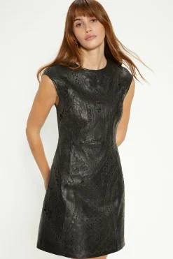 Hot Oasis Premium Embroidered Cut Out Leather Shift Dress Black