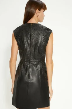 Hot Oasis Premium Embroidered Cut Out Leather Shift Dress Black