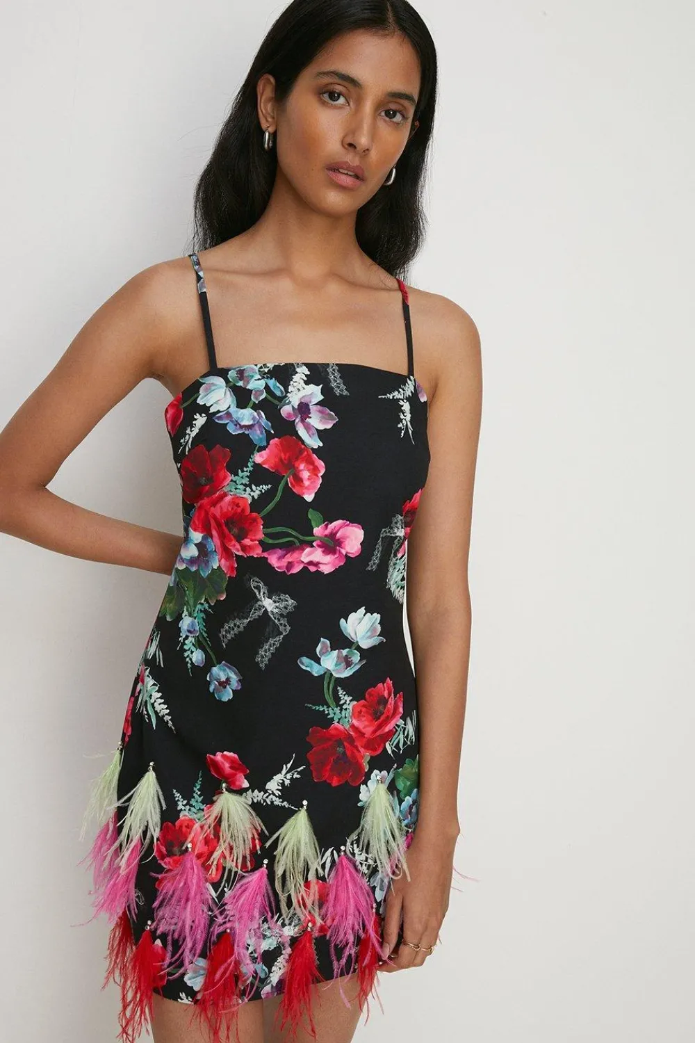 Hot Oasis Premium Feather Diamante Strappy Mini Dress Black