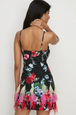 Hot Oasis Premium Feather Diamante Strappy Mini Dress Black