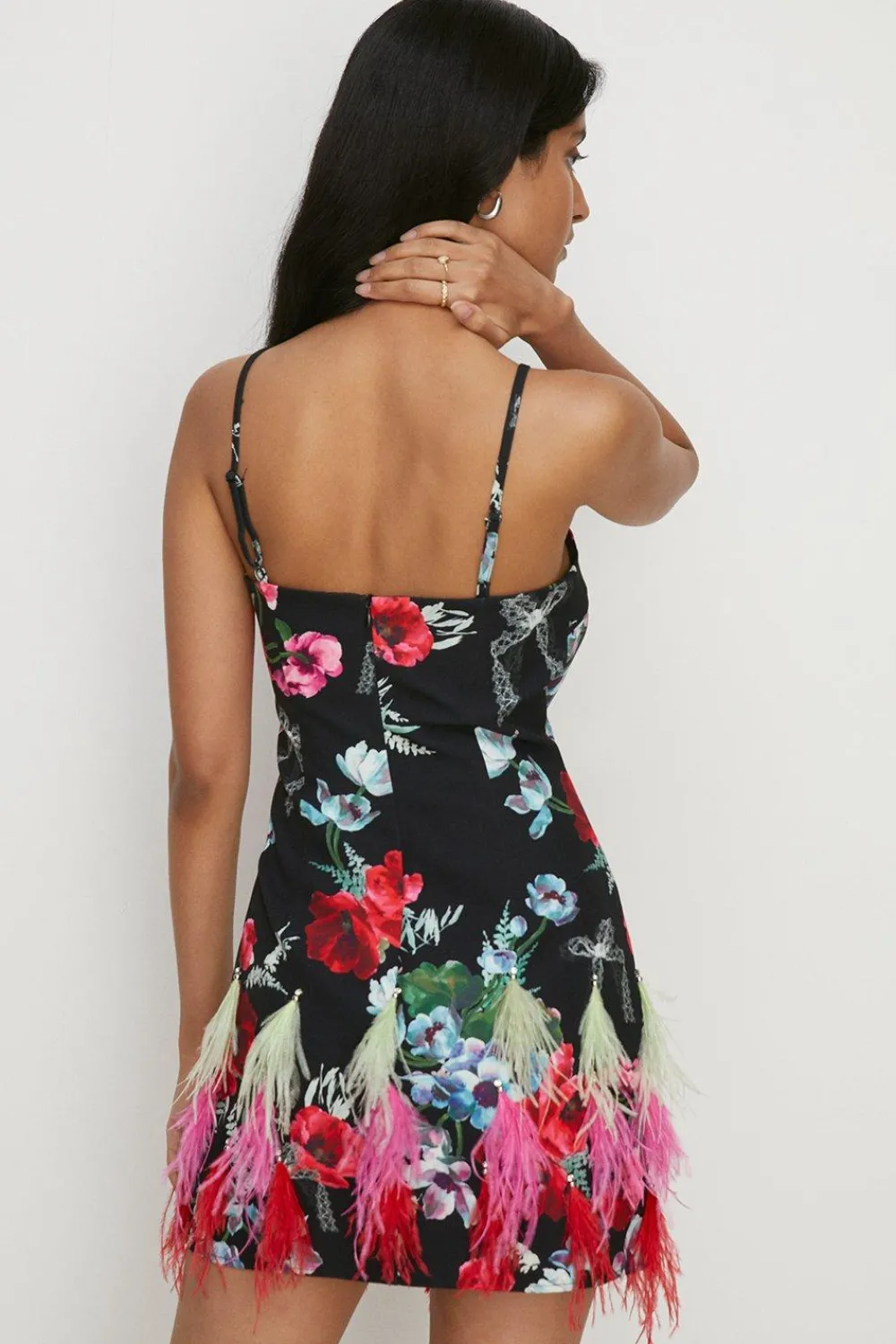 Hot Oasis Premium Feather Diamante Strappy Mini Dress Black