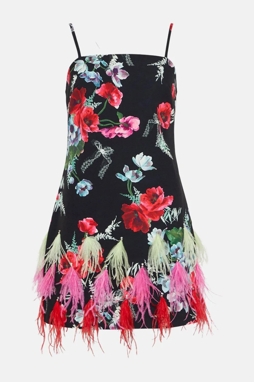 Hot Oasis Premium Feather Diamante Strappy Mini Dress Black