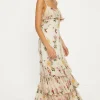 Outlet Oasis Premium Floral Embroidered Ruffle Chiffon Dress Ivory