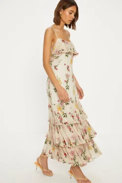 Outlet Oasis Premium Floral Embroidered Ruffle Chiffon Dress Ivory