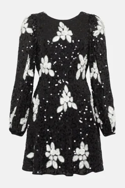 Best Oasis Premium Floral Hand Embellished Sequin Skater Dress Mono
