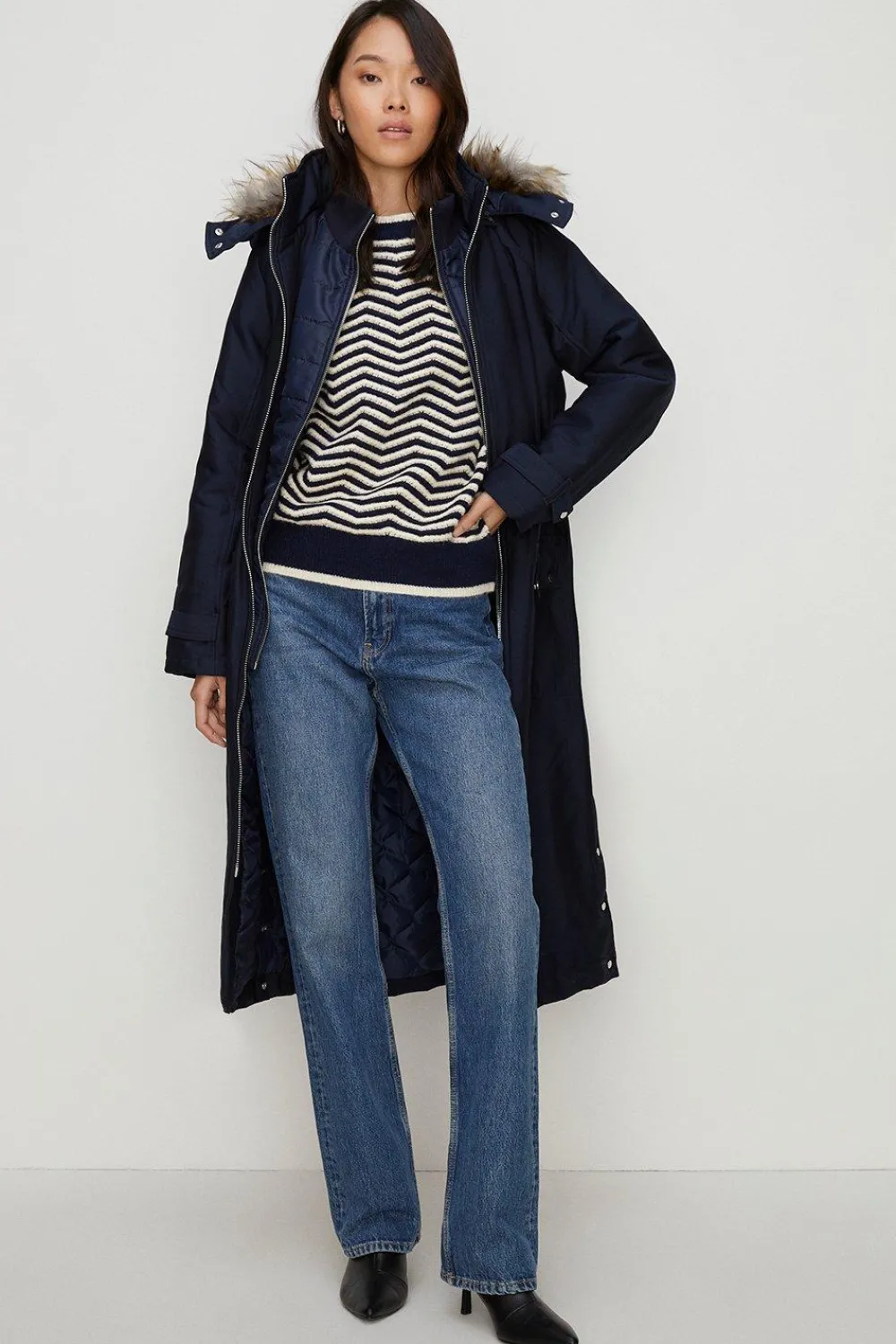 Hot Oasis Premium Fur Hood Padded Winter Parka Coat Navy