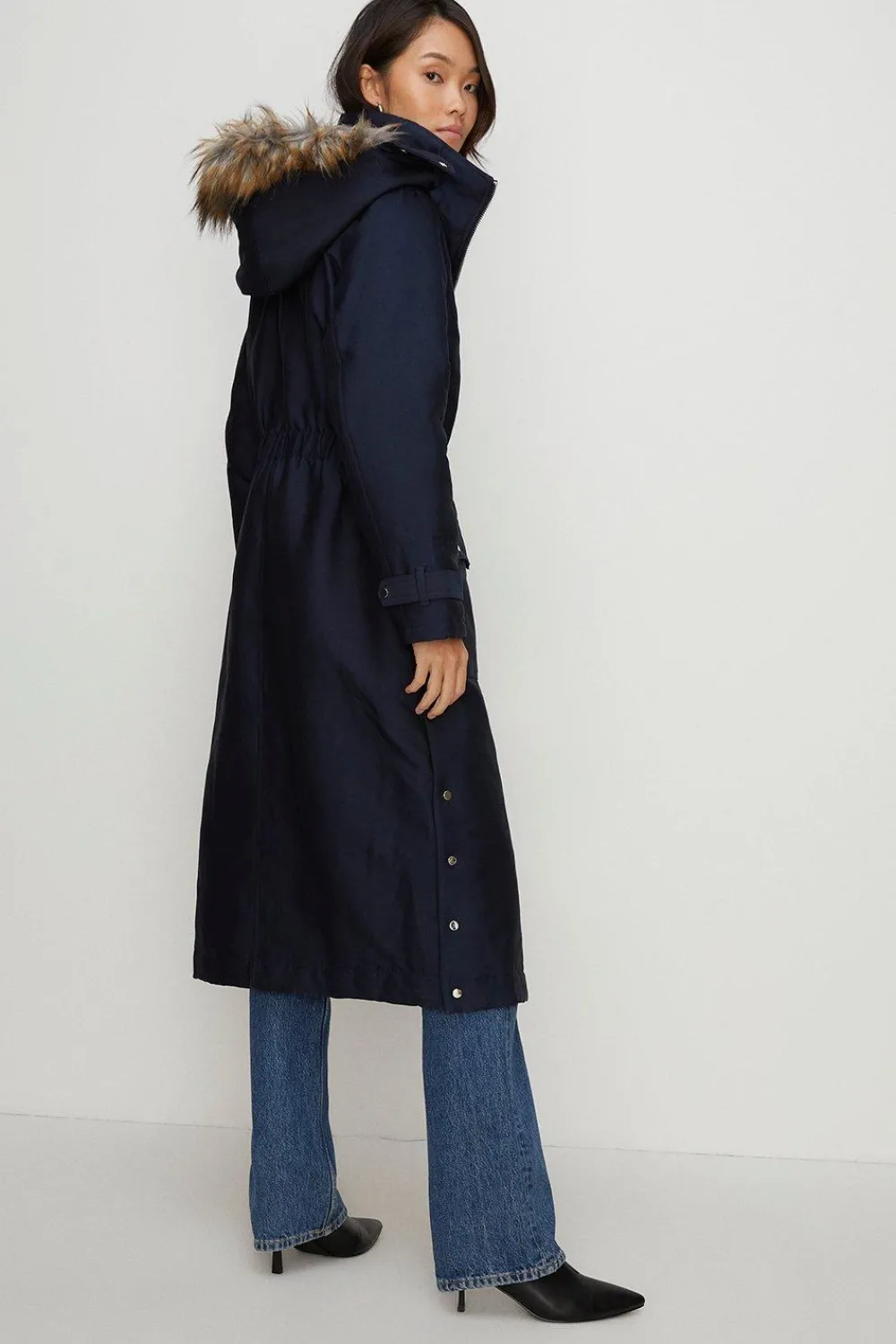 Hot Oasis Premium Fur Hood Padded Winter Parka Coat Navy