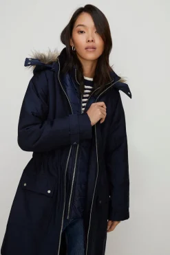 Hot Oasis Premium Fur Hood Padded Winter Parka Coat Navy