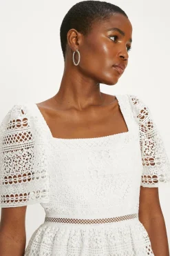 Discount Oasis Premium Geo Lace Square Neck Skater Dress White