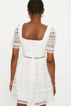 Discount Oasis Premium Geo Lace Square Neck Skater Dress White