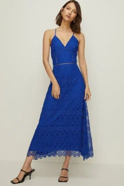 Best Oasis Premium Geo Lace Strappy V Neck Midi Dress Magenta