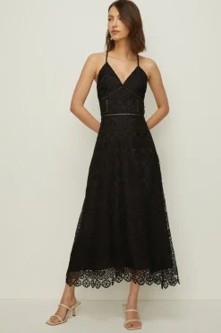 New Oasis Premium Geo Lace Strappy V Neck Midi Dress Black
