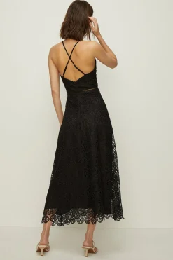 New Oasis Premium Geo Lace Strappy V Neck Midi Dress Black