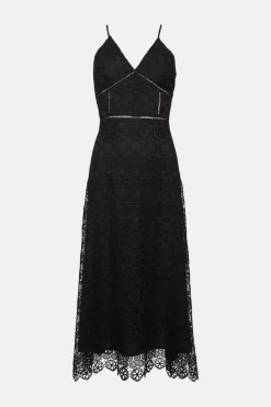 New Oasis Premium Geo Lace Strappy V Neck Midi Dress Black