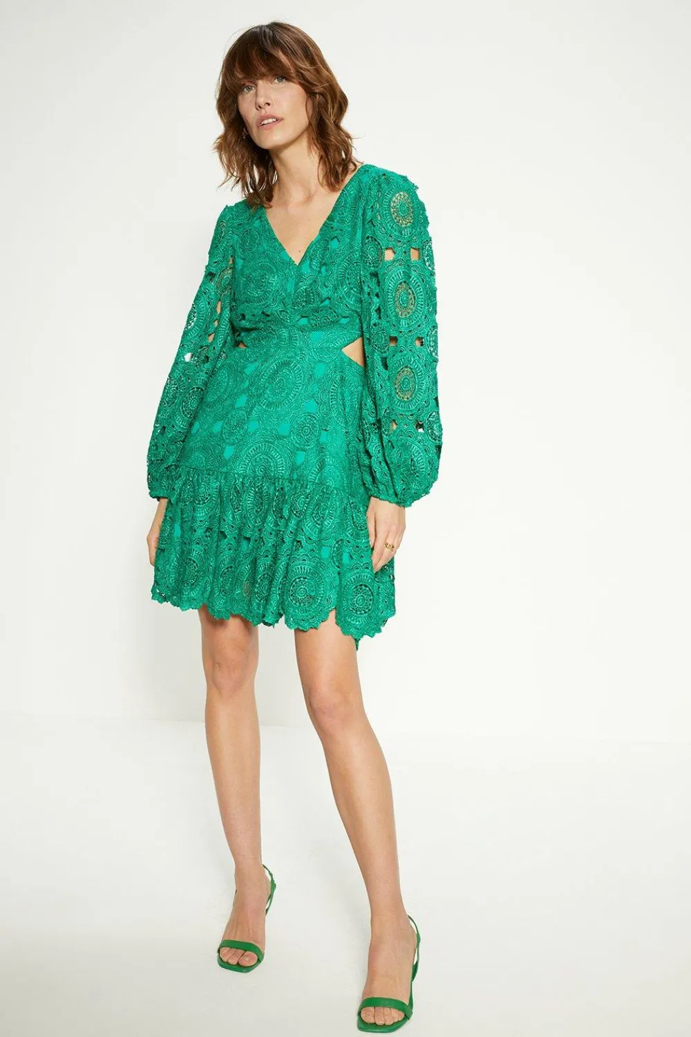 Clearance Oasis Premium Lace Cut Out V Neck Skater Bright Green