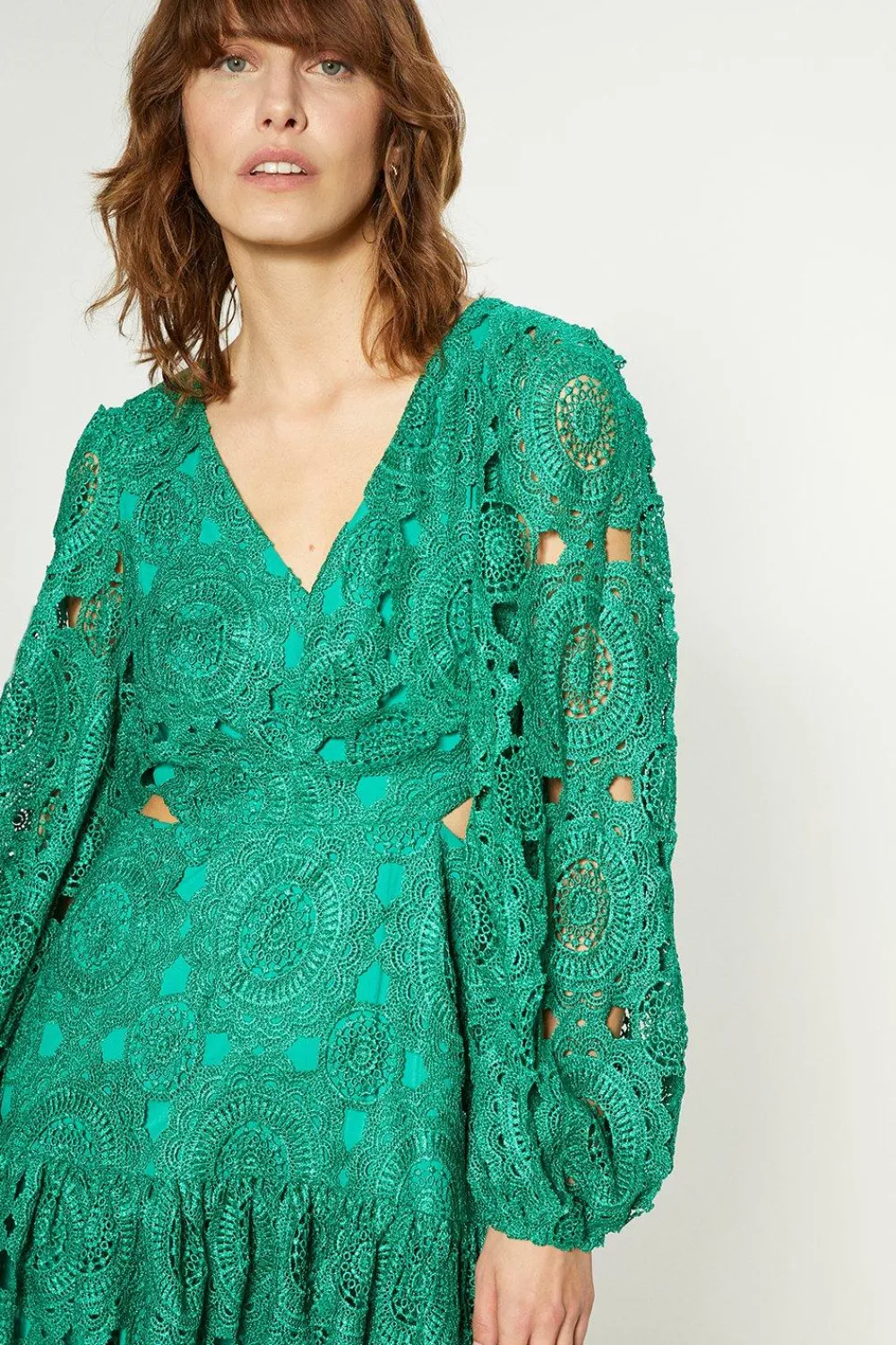 Clearance Oasis Premium Lace Cut Out V Neck Skater Bright Green