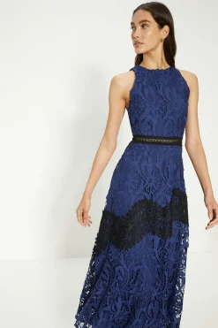 Discount Oasis Premium Lace Halter Neck Contrast Panel Midi Dress Dark Blue