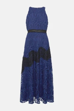 Discount Oasis Premium Lace Halter Neck Contrast Panel Midi Dress Dark Blue