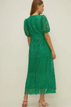 Fashion Oasis Premium Lace Puff Sleeve Midi Dress Bright Green