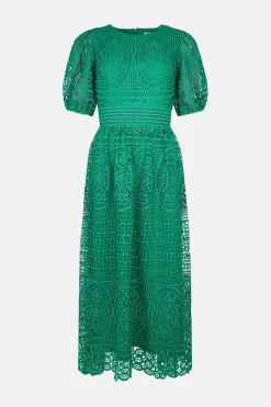 Fashion Oasis Premium Lace Puff Sleeve Midi Dress Bright Green