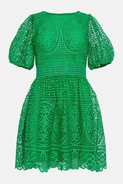 Hot Oasis Premium Lace Puff Sleeve Skater Dress Cobalt