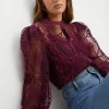 Fashion Oasis Premium Lace Scallop Trim Detailed Blouse Berry