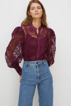Fashion Oasis Premium Lace Scallop Trim Detailed Blouse Berry