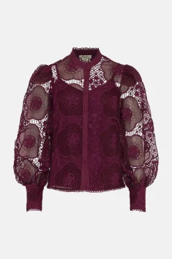 Fashion Oasis Premium Lace Scallop Trim Detailed Blouse Berry