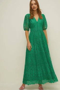 Clearance Oasis Premium Lace V Neck Maxi Dress Bright Green