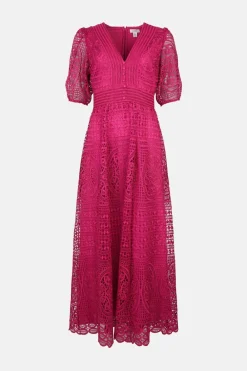 Clearance Oasis Premium Lace V Neck Maxi Dress Magenta