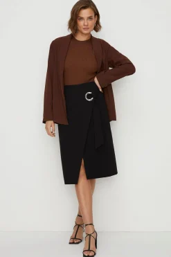 Outlet Oasis Premium Ponte Eyelet Trim Wrap Pencil Skirt Black