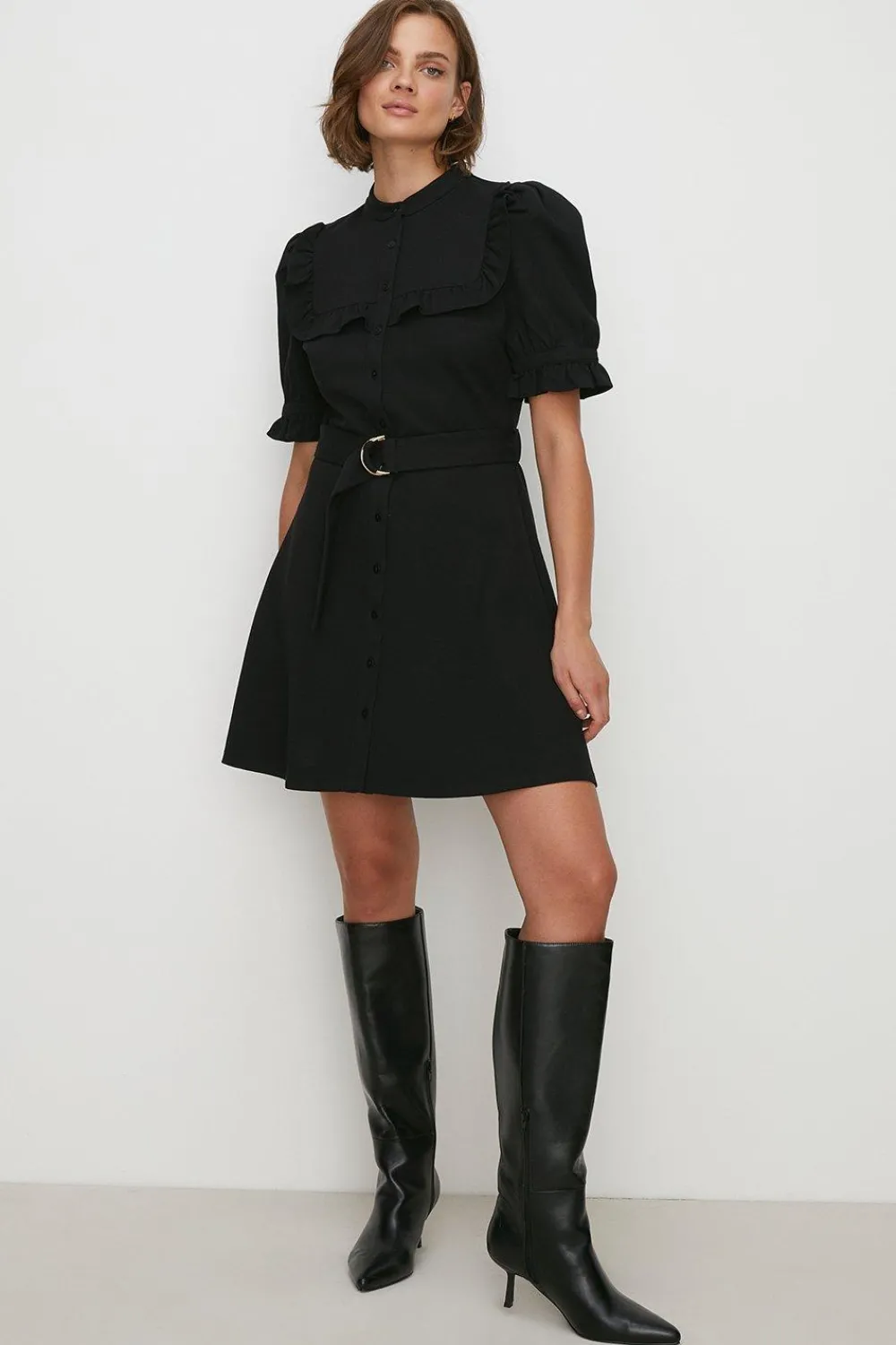 Online Oasis Premium Ponte Ruffle Detail Belted Mini Dress Black