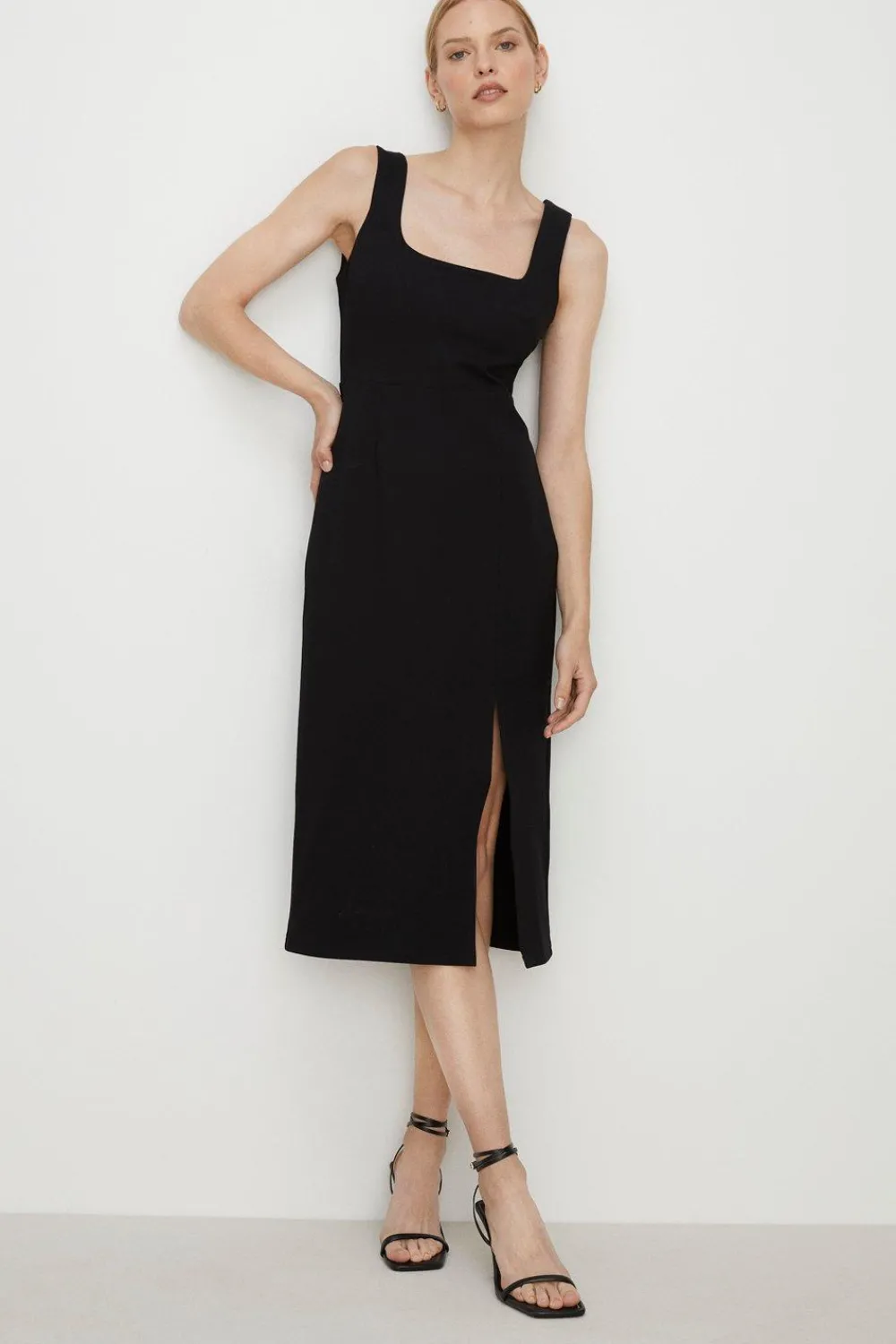 New Oasis Premium Ponte Square Neck Split Midi Dress Black