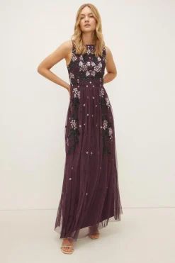 Online Oasis Premium Sequin Embroidered Maxi Dress Aubergine