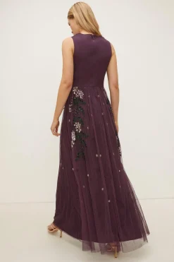 Online Oasis Premium Sequin Embroidered Maxi Dress Aubergine