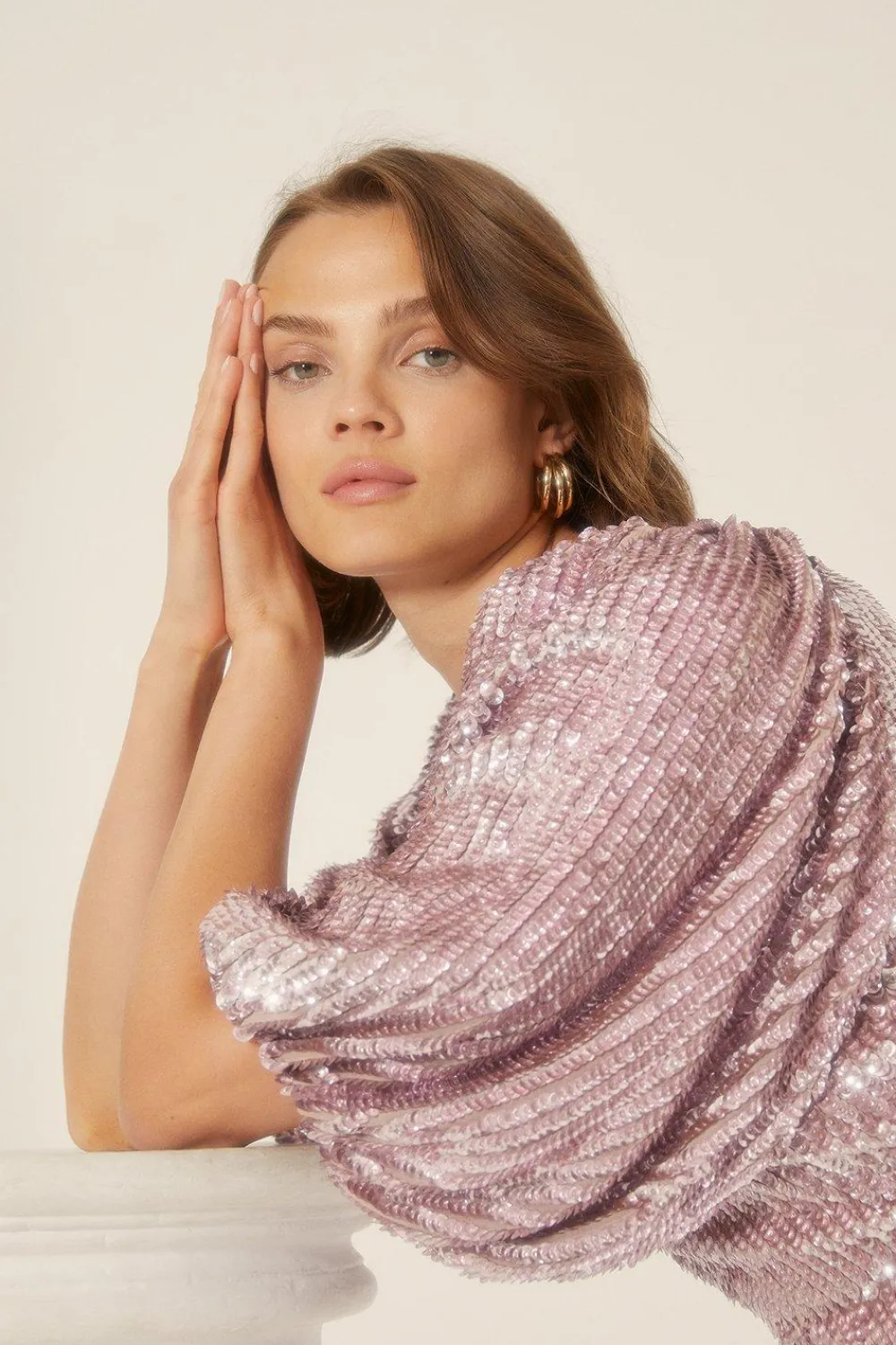 Hot Oasis Premium Sequin Puff Sleeve Aline Dress Pink