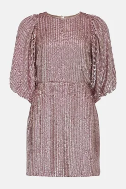Hot Oasis Premium Sequin Puff Sleeve Aline Dress Pink