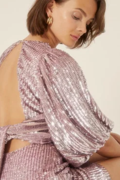 Hot Oasis Premium Sequin Puff Sleeve Aline Dress Pink