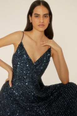 Fashion Oasis Premium Strappy All Over Sequin Maxi Dress Navy