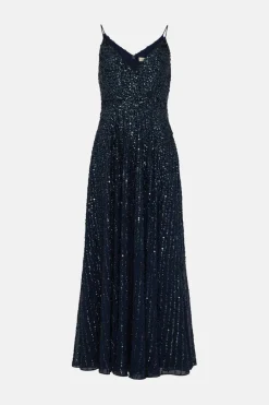 Fashion Oasis Premium Strappy All Over Sequin Maxi Dress Navy