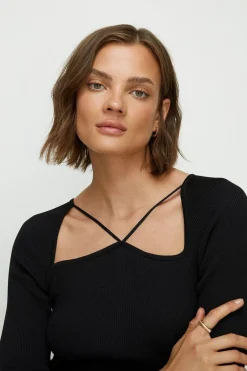 New Oasis Premium Strappy Cut Out Rib Knit Top Oatmeal