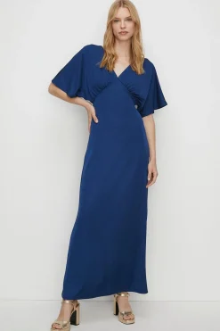 Online Oasis Premium Textured Slinky V Neck Maxi Dress Navy