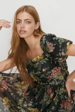 Outlet Oasis Pretty Floral Organza Ruched Mini Dress Black